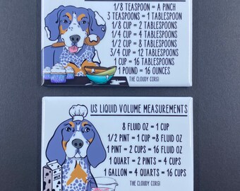 Bluetick Coonhound Measuring Chart Magnet Set, Dog Kitchen Decor, Cooking Baking Measurement Guide - Set of 2 Handmade 2x3" Magnets