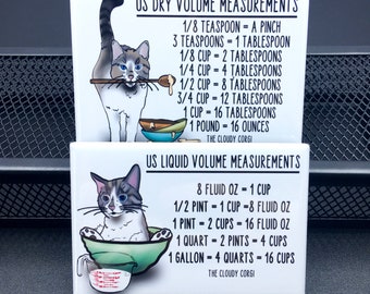 Gray & White Tabby Cat Kitchen Measuring Chart Magnet Set, Baking and Cooking Conversion Table Magnets, Set of 2 (2x3") Handmade Magnets