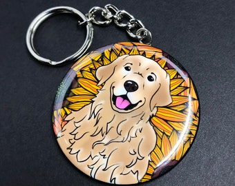 Golden Retriever Sunflower Keychain - Floral Dog Key Ring - Pet Portrait Cartoon Art Gifts & Collectible Accessories