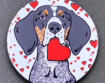 Bluetick Coonhound Dog Heart Valentines Day Gift & Accessories - Handmade Magnet, Pinback Button, Bottle Opener, Keychain or Mini Ornament