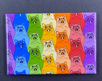 Rainbow Cat Magnet – 2x3" Handmade Hand Illustrated Magnet, Colorful Yelling Cat Pattern, Funny Fridge Art for Cat Lovers