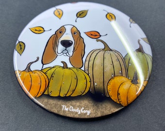 Basset Hound Pumpkin Pinback Button, Autumn Dog Pin, Fall Pet Portrait Art Gift, Basset Hound Pin, Cartoon Dog Accessories 2.25 or 3.5"