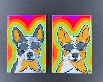 Australian Cattle Dog in Sunglasses Magnet – Red or Blue Heeler, 2x3" Handmade Magnet, Hand Illustrated Retro Dog Art, Gift for Heeler Lover