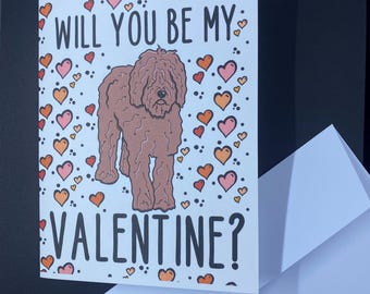 Barbet Dog & Hearts Valentines Day Card - Will You Be My Valentine? Puppy Love Note Card - Holiday Stationery Set or Single Card