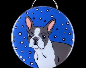 Boston Terrier Bottle Opener Key Ring, Dog in the Snow Keychain, Pet Portrait Art Gift, Winter Dog Accessories, Handmade Button Style  2.25"
