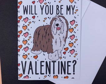 Bearded Collie Dog Valentines Day Card - Will You Be My Valentine? Puppy Love Note Card - Holiday Stationery Set or Single Card
