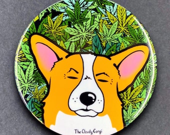 Corgi Cannabis Pet Portrait 420 Art Gifts & Accessories - Handmade Magnet, Pinback Button, Bottle Opener, Keychain or Mini Ornament
