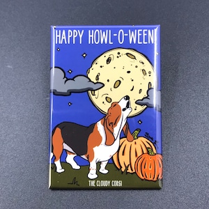 Basset Hound Magnet, Halloween Dog Kitchen & Office Decor, Holiday Cartoon Pet Portrait Art Gift, 2x3" High Quality Handmade Magnet
