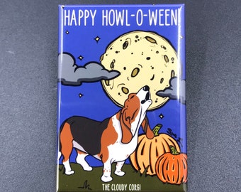 Basset Hound Magnet, Halloween Dog Kitchen & Office Decor, Holiday Cartoon Pet Portrait Art Gift, 2x3" High Quality Handmade Magnet