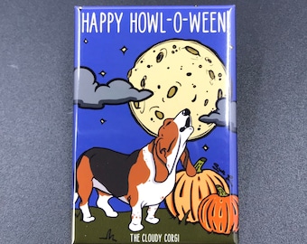 Basset Hound Magnet, Halloween Dog Kitchen & Office Decor, Holiday Cartoon Pet Portrait Art Gift, 2x3" High Quality Handmade Magnet