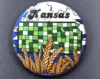 Kansas Map Souvenir Gifts & Accessories - Handmade Magnet, Pinback Button, Bottle Opener, Keychain or Mini Ornament