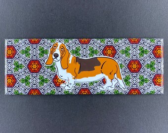 Basset Hound Magnet, Retro Floral Dog Kitchen & Office Decor, Psychedelic Pet Portrait Art Gift, 1.5x4.5" High Quality Handmade Magnet