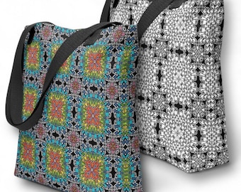 Psychedelic Mandala Tote Bag – Rainbow or Black and White Geometric Pattern, Retro Festival Bag, Unique Gift for Artists & Boho Style