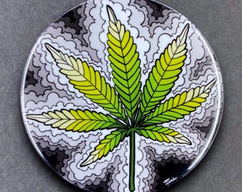 Cannabis Leaf Smoke Psychedelic Art Stoner Gifts & Accessories - Handmade Magnet, Pinback Button, Bottle Opener, Keychain or Mini Ornament