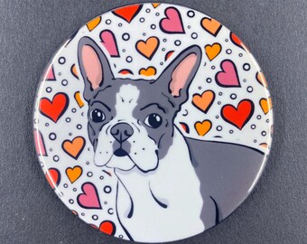 Boston Terrier Dog Valentine's Day Pet Portrait Handmade Gift & Accessory - Magnet, Pinback Button, Bottle Opener, Keychain, Mini Ornament