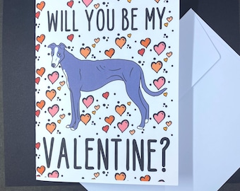 Greyhound Valentine's Day Card - Will You Be My Valentine? Puppy Love Note Card - Holiday Stationery Set or Single Card