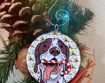 German Shorthaired Pointer Dog Candy Cane Pet Portrait Art Gift & Accessories - Magnet, Button, Bottle Opener, Keychain or Mini Ornament
