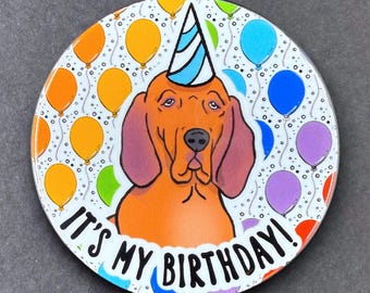 Redbone Coonhound Dog Birthday Portrait Gift & Accessory - Handmade Magnet, Pinback Button, Bottle Opener, Keychain or Mini Ornament