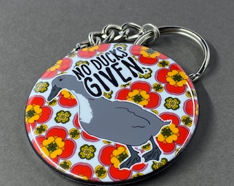 No Ducks Given Keychain, Black Swedish Duck Accessories, Retro Cartoon Pet Portrait Gift, 2.25" Handmade Button Keychain