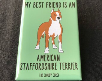American Staffordshire Terrier Magnet, Retro Amstaff Dog Kitchen & Office Decor, Cartoon Pet Portrait Art Gift, 2x3" Handmade Magnet