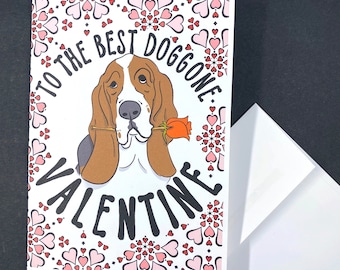 Basset Hound Valentine's Day Card, Dog Valentine Holiday Greeting Card, Retro Pet Portrait Gift, Handmade 5x7" Card + Envelope