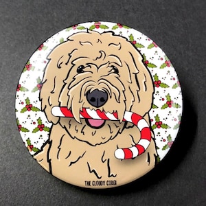 Goldendoodle Dog Handmade Candy Cane Pet Portrait Art Gift & Accessories - Magnet, Pinback Button, Bottle Opener, Keychain, Mini Ornament