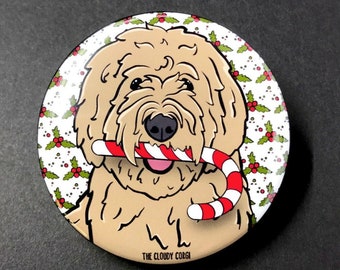 Goldendoodle Dog Handmade Candy Cane Pet Portrait Art Gift & Accessories - Magnet, Pinback Button, Bottle Opener, Keychain, Mini Ornament