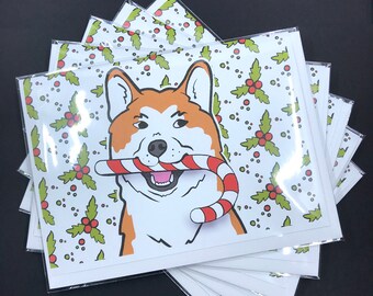 Handmade Akita Christmas Card, Dog Pet Portrait Christmas Card, Funny Dog Candy Cane Card, Available as a Set or Single Card