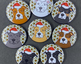 Pit Bull Terrier Christmas Pet Portrait Handmade Gift & Accessory - Magnet, Pinback Button, Bottle Opener, Keychain, Mini Ornament