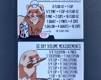 Ferret Kitchen Measuring Chart Magnet Set, Baking and Cooking Conversion Chart Magnets, Set of 2 (2x3") Handmade Fridge Magnets