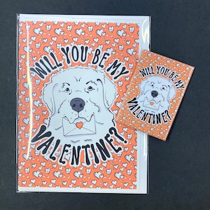 Great Pyrenees Valentine's Day Gift, Handmade Holiday Dog Greeting Card & Magnet Set, Cute Dog Valentine, Retro Pet Portrait Decor Gift