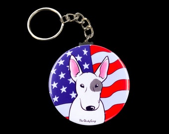 Bull Terrier Keychain, Bull Terrier Gift, Dog Backpack Accessories, Patriotic Cartoon Pet Portrait Gift, 2.25" Handmade Button Keychain