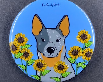 Australian Cattle Dog Pinback Button, Sunflower Dog Pin, Blue Heeler Portrait Art Gift, Handmade Dog Backpack Accessories, 2.25" or 3.5"