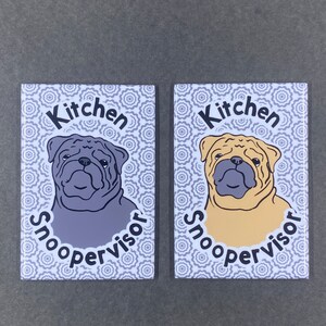 Pug Dog Magnet "Kitchen Snoopervisor" Cartoon Art Pet Portrait Gift, Kitchen Office Decor 2x3" Handmade Magnet - Fawn or Black Pug Available
