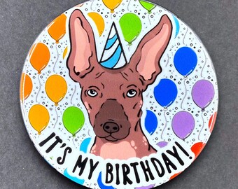 Xoloitzcuintli Dog Birthday Portrait Art Gift & Accessory - Handmade Magnet, Pinback Button, Bottle Opener, Keychain or Mini Ornament