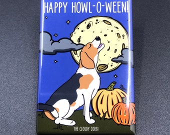 Beagle Howling at the Moon Magnet, Halloween Dog Decor, Holiday Pet Portrait, Full Moon Hound Dog Art, 2x3" High Quality Handmade Magnet