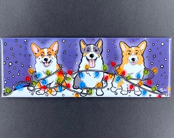 Corgi Christmas Lights Magnet, Winter Holiday Dog Decor,  Funny Pet Portrait Gifts, High Quality Handmade Magnet 1.5x4.5"