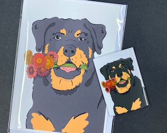 Rottweiler Gerbera Daisy Greeting Card & Magnet Set, Floral Dog Kitchen Decor, Blank Greeting Card + Envelope and Gift for All Occasions