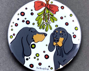 Black and Tan Coonhound Dog Christmas Pet Portrait Art Gift & Accessory - Magnet, Pinback Button, Bottle Opener, Keychain, Mini Ornament