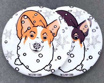 Welsh Corgi Dog Snow Pet Portrait Art Gifts & Accessories - Handmade Magnet, Pinback Button, Bottle Opener, Keychain or Mini Ornament