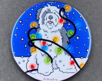 Old English Sheepdog Christmas Light Pet Portrait Handmade Gift & Accessory - Magnet, Pinback Button, Bottle Opener, Keychain, Mini Ornament
