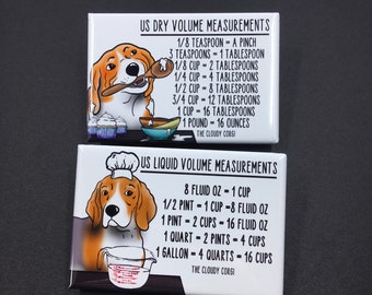 Beagle Dog Kitchen Measuring Chart Magnet Set, Baking & Cooking Conversion Table Magnets, Set of 2 (2x3") High Quality Handmade Magnets