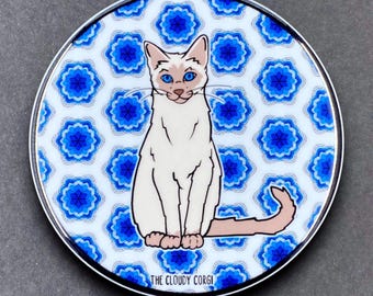 Siamese Cat Retro Art Pet Portrait Handmade Gift & Accessories - Magnet, Pinback Button, Bottle Opener, Keychain, or Mini Ornament