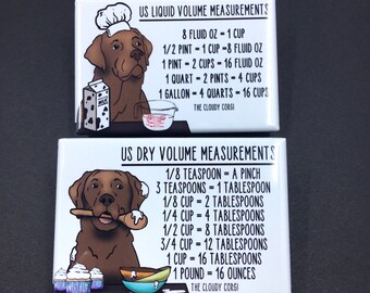 Chocolate Labrador Retriever Dog Kitchen Measuring Chart Magnet Set, Baking and Cooking Conversion Table Magnets, Set of 2 (2x3") Magnets