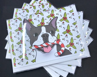 Boston Terrier Christmas Card, Dog Christmas Card, Boston Terrier Holiday Greeting Card, Candy Cane Dog Card, Set or Single Card Available
