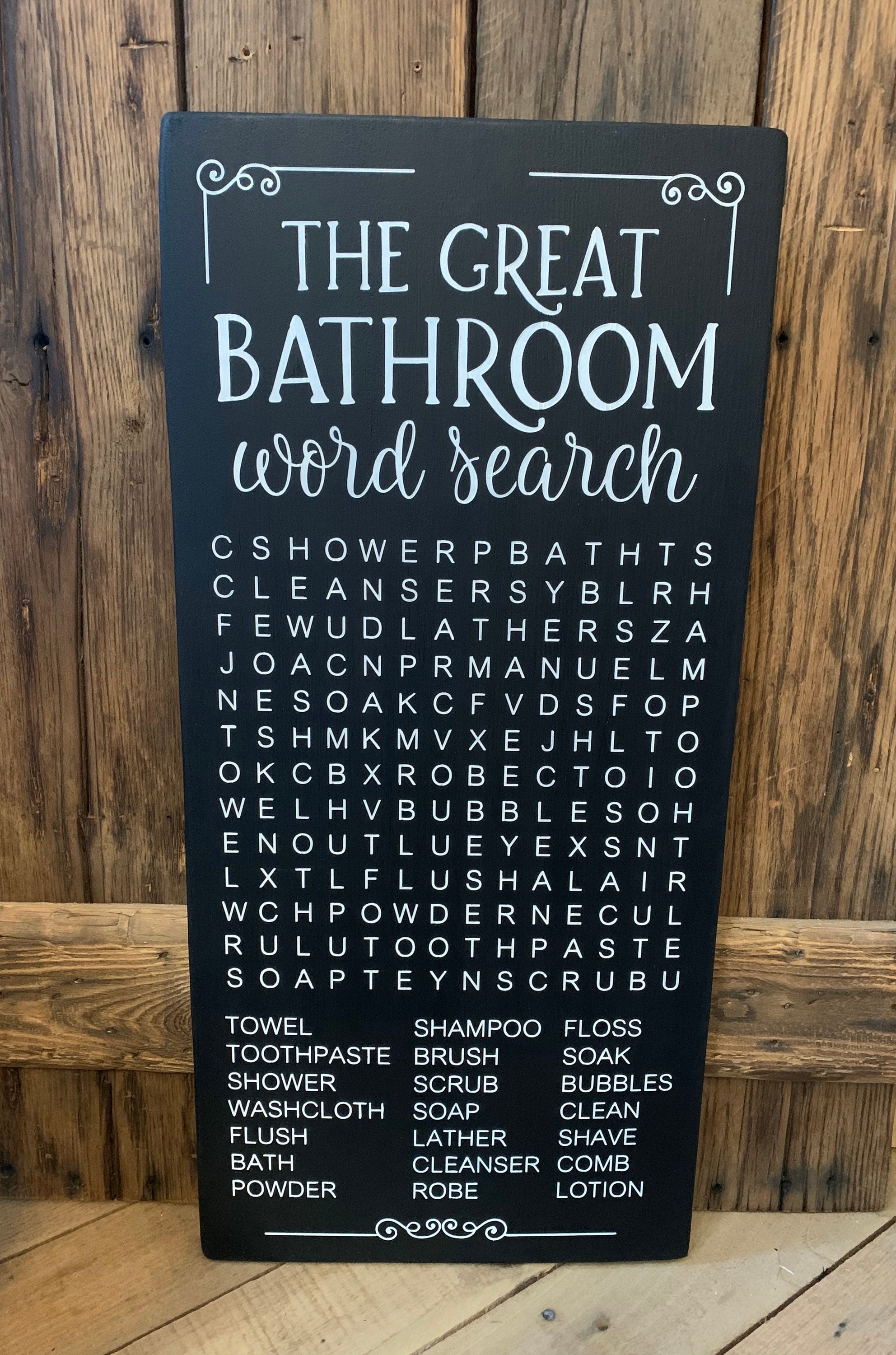 The Great Bathroom Word Search Wood Sign Your Phone Etsy
