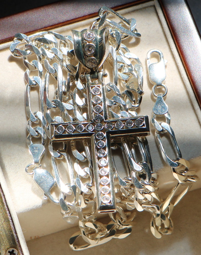 Mens Heavy Solid STERLING SILVER Chain Necklace Bracelet And Crucifix Mens Jewelry Cross Pendant Gift For Him Vintage Figaro Italian Link