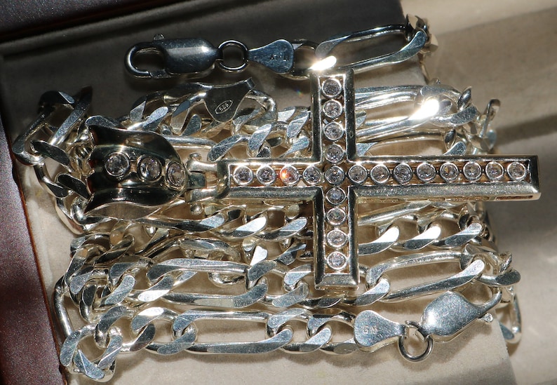 Mens Heavy Solid STERLING SILVER Chain Necklace Bracelet And Crucifix Mens Jewelry Cross Pendant Gift For Him Vintage Figaro Italian Link