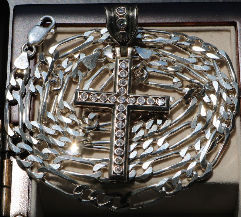 Mens Heavy Solid STERLING SILVER Chain Necklace Bracelet And Crucifix Mens Jewelry Cross Pendant Gift For Him Vintage Figaro Italian Link