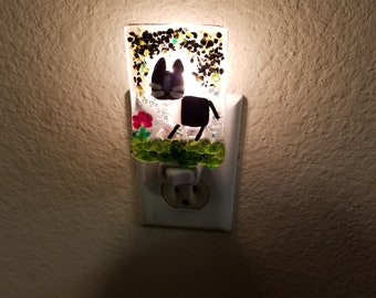 Tuxedo cat with flower fused glass nightlight